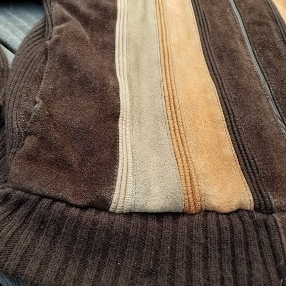 Vintage 70s Suede Leather Sweater Jacket Mens Medium Brown Orange Retro Stripe - Picture 14 of 15
